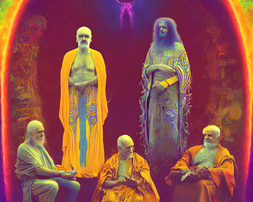Vibrant psychedelic art with five robed figures and cosmic backdrop