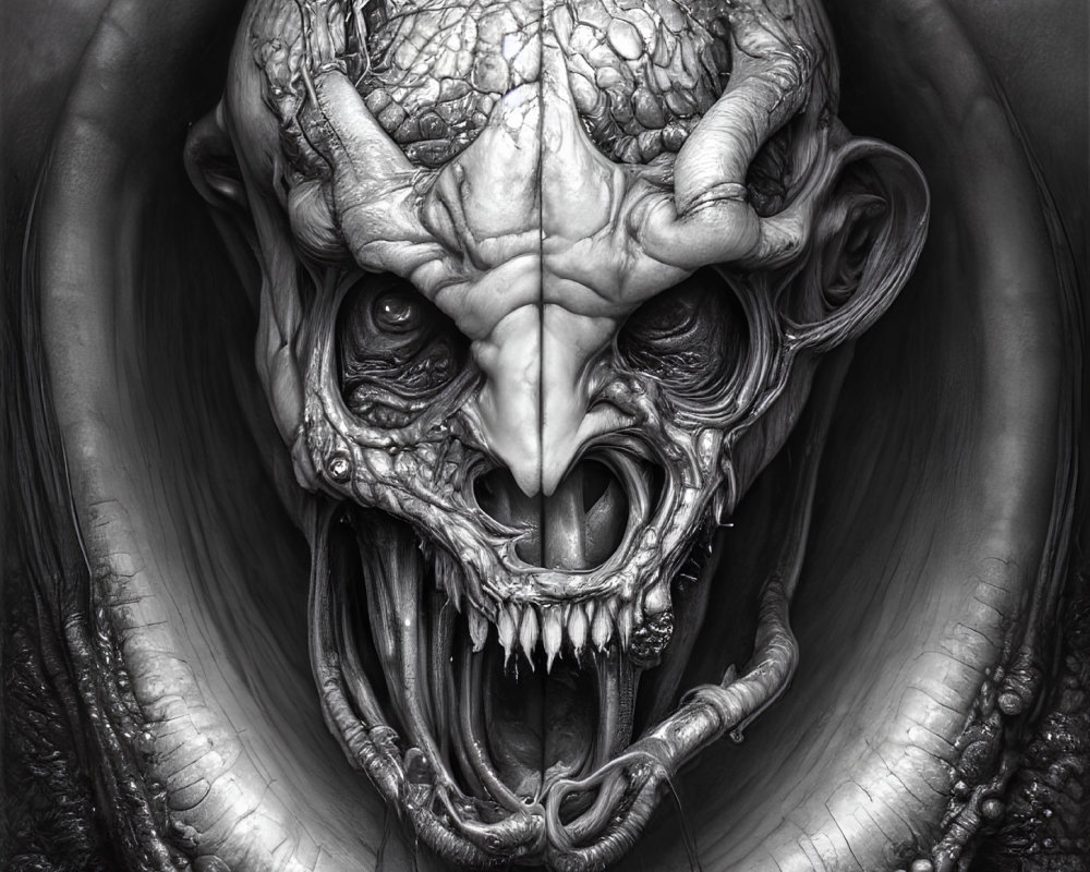 Detailed black and white monstrous face with sharp teeth and multiple eyes.