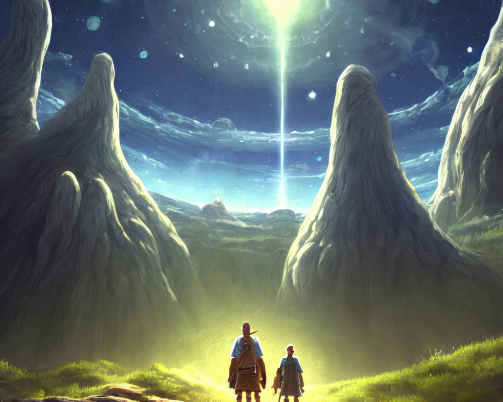 Mystical landscape with two figures and towering rock formations