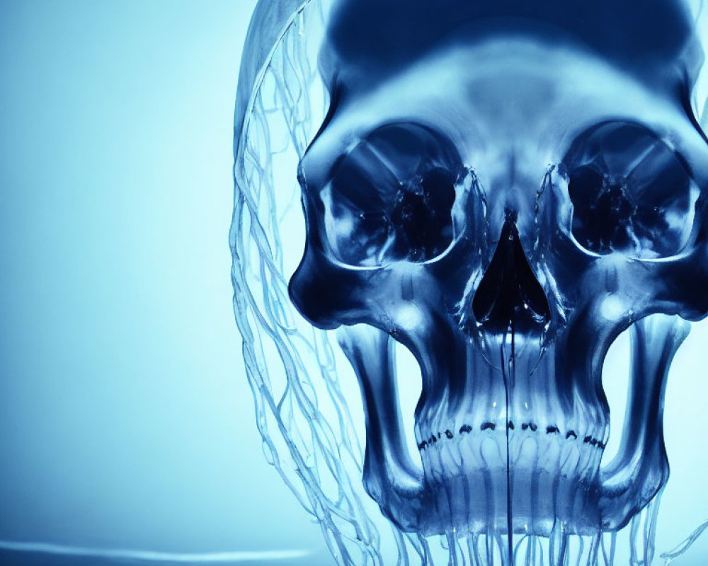 Stylized human skull submerged in blue-tinted water with streaming droplets