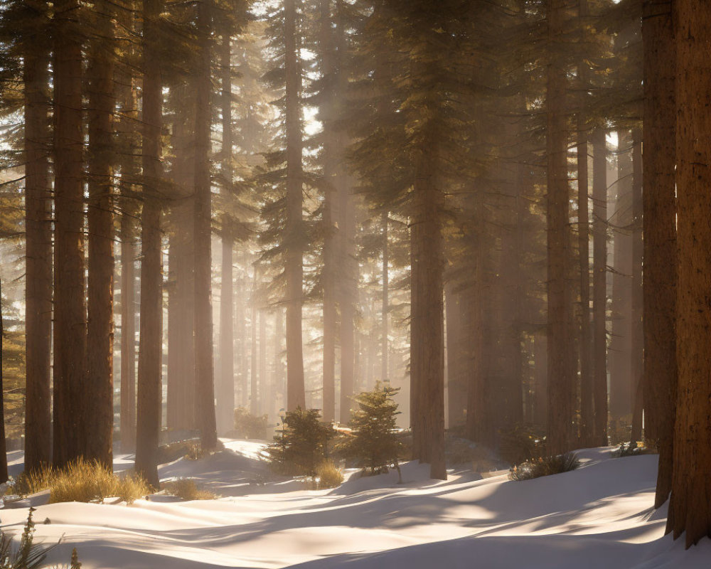 Sunlight filtering through dense forest onto snowy ground and pine trees.