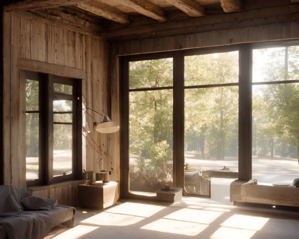 Sunlit Rustic Room with Large Windows and Wooden Furniture