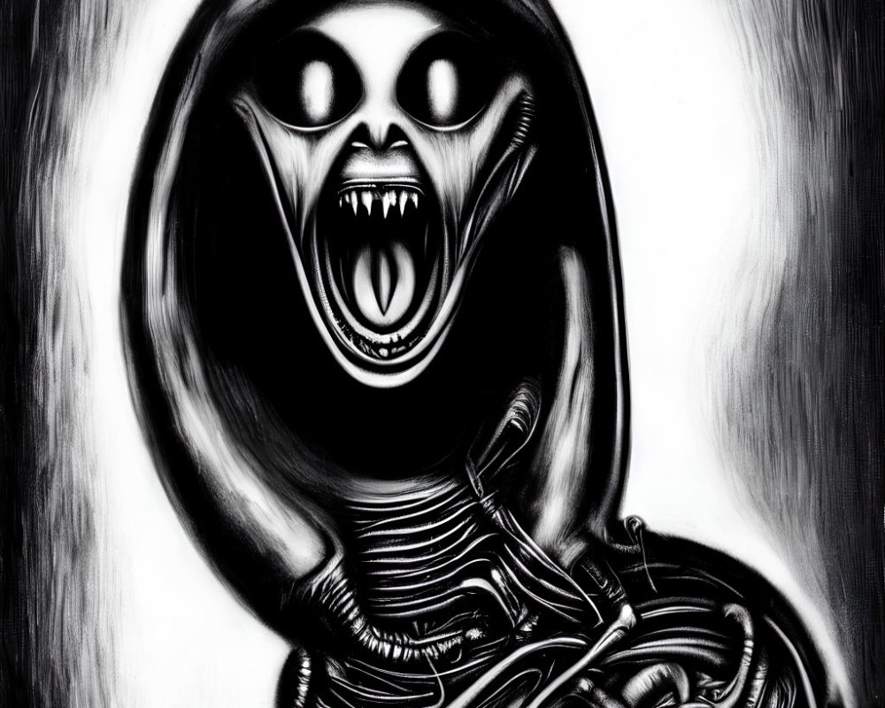Menacing alien with open mouth and sharp teeth in monochromatic artwork