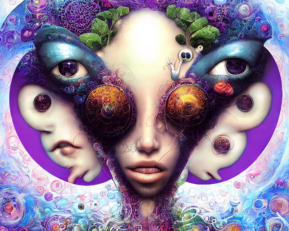 Colorful surreal artwork: central figure with multiple eyes and faces