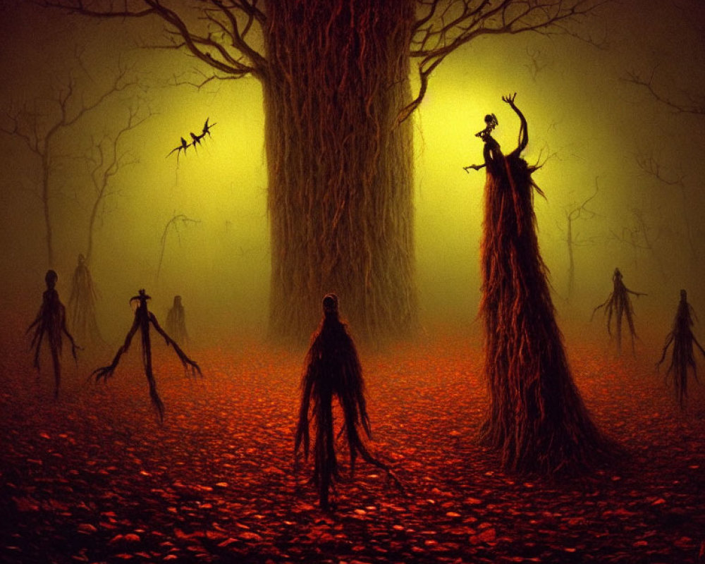 Fantastical forest scene with humanoid tree-like figures and central tree.