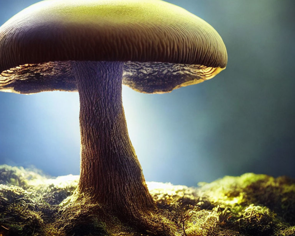 Detailed Close-Up of Solitary Mushroom on Mossy Surface