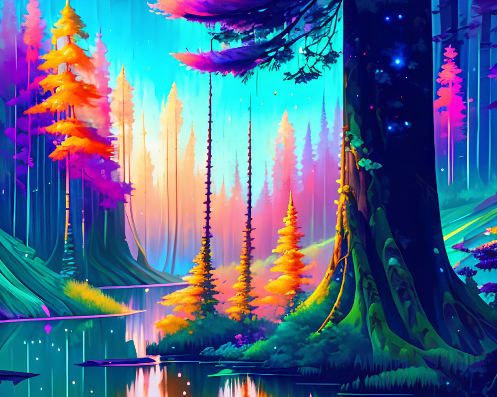 Colorful Forest with Illuminated Trees Reflecting in Tranquil Lake