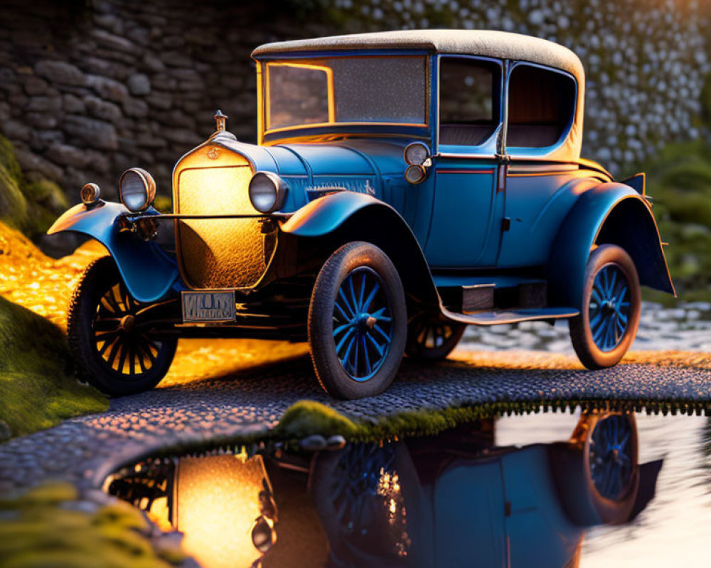 Vintage Blue Car Parked by Reflective Puddle on Cobblestone Path