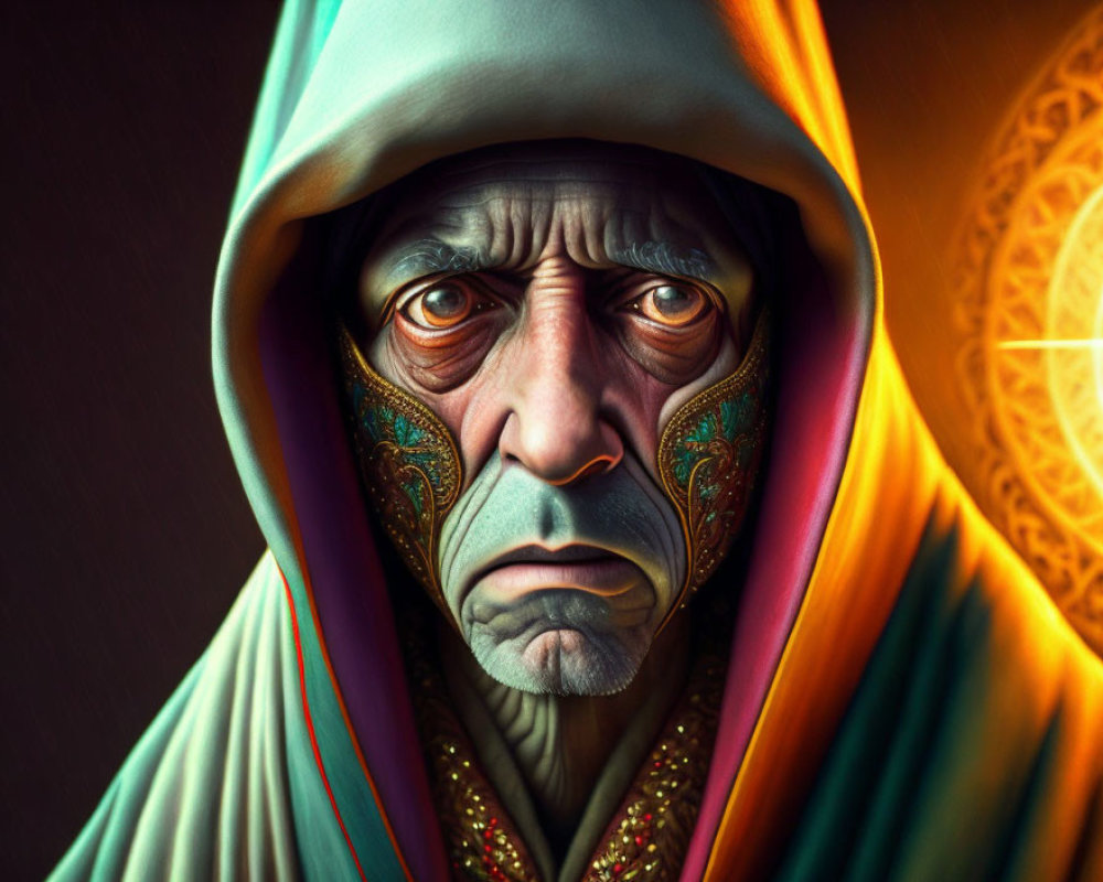 Elderly man in colorful cloak with deep-set eyes and wrinkles