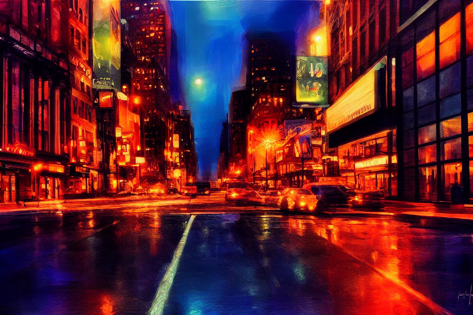Colorful city street painting with neon signs and blurred car lights