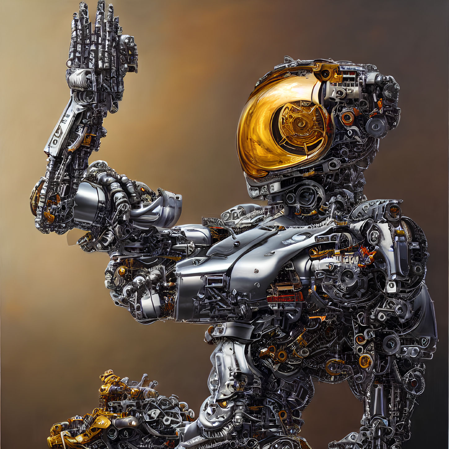 Detailed humanoid robot with intricate gear design and golden helmet head