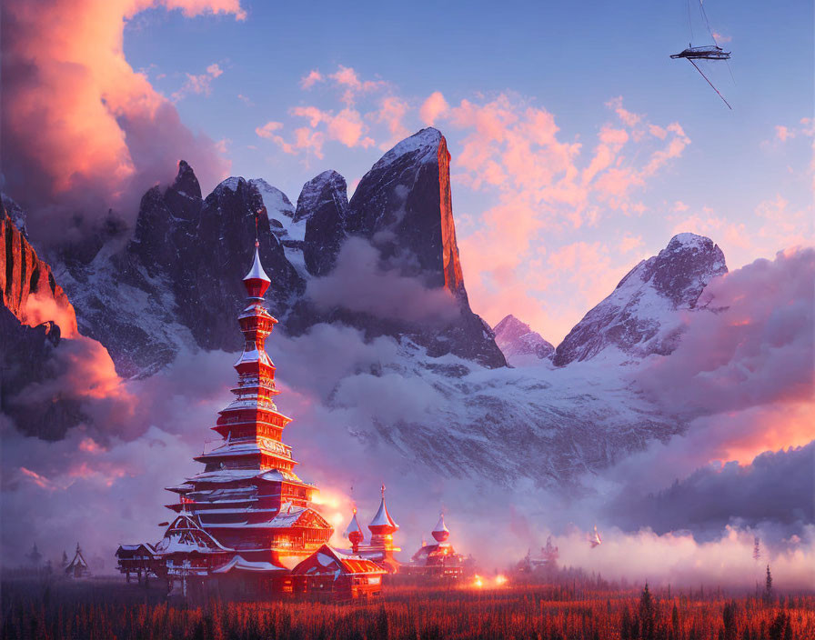Fantastical landscape with illuminated pagoda, mountains, and futuristic airship