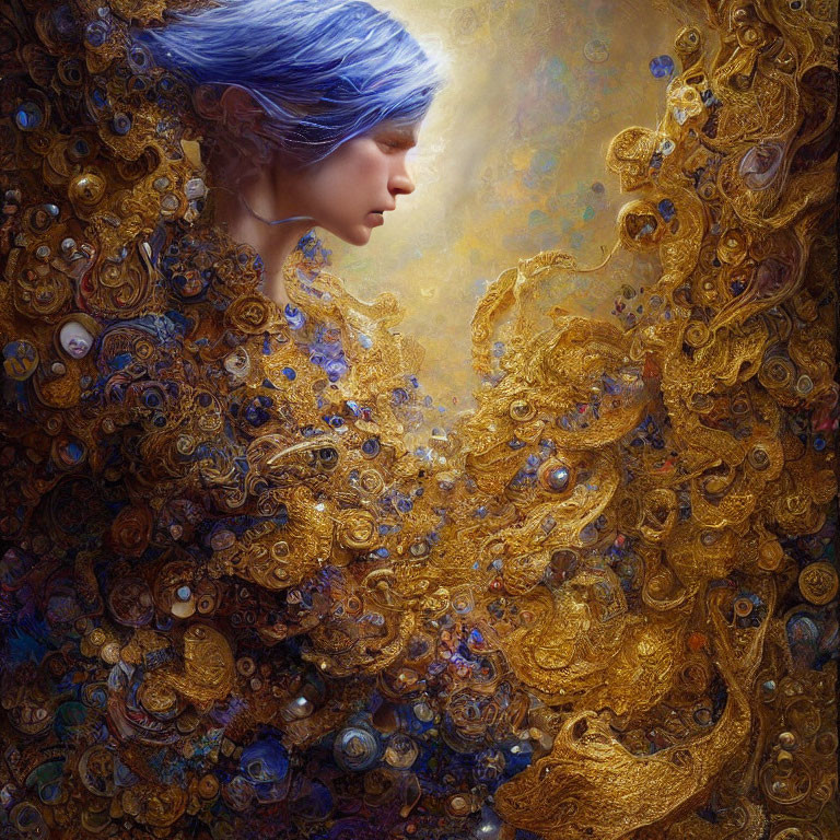 Person with Blue Hair Blending into Ornate Gold Textured Background