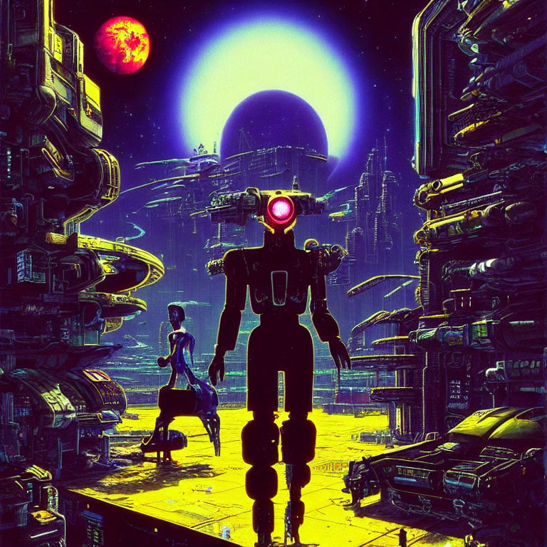 Futuristic cityscape at night with neon lights, moon, red planet, towering buildings, robot