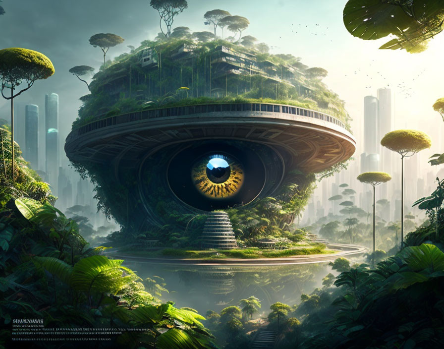 Futuristic cityscape with circular eye-like structure, skyscrapers, and lush greenery