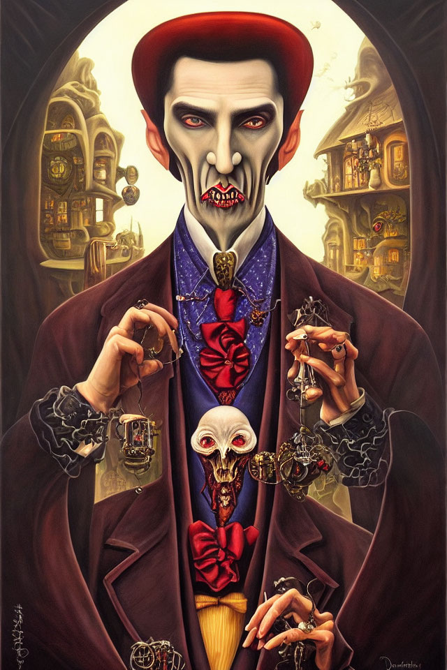 Stylized vampire figure with fangs, holding canes, in ornate suit against eerie backdrop