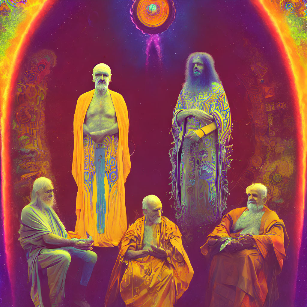 Vibrant psychedelic art with five robed figures and cosmic backdrop