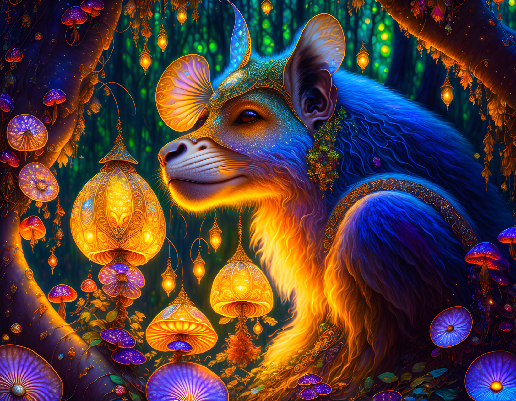 Mystical feline creature with ram horns in enchanted forest