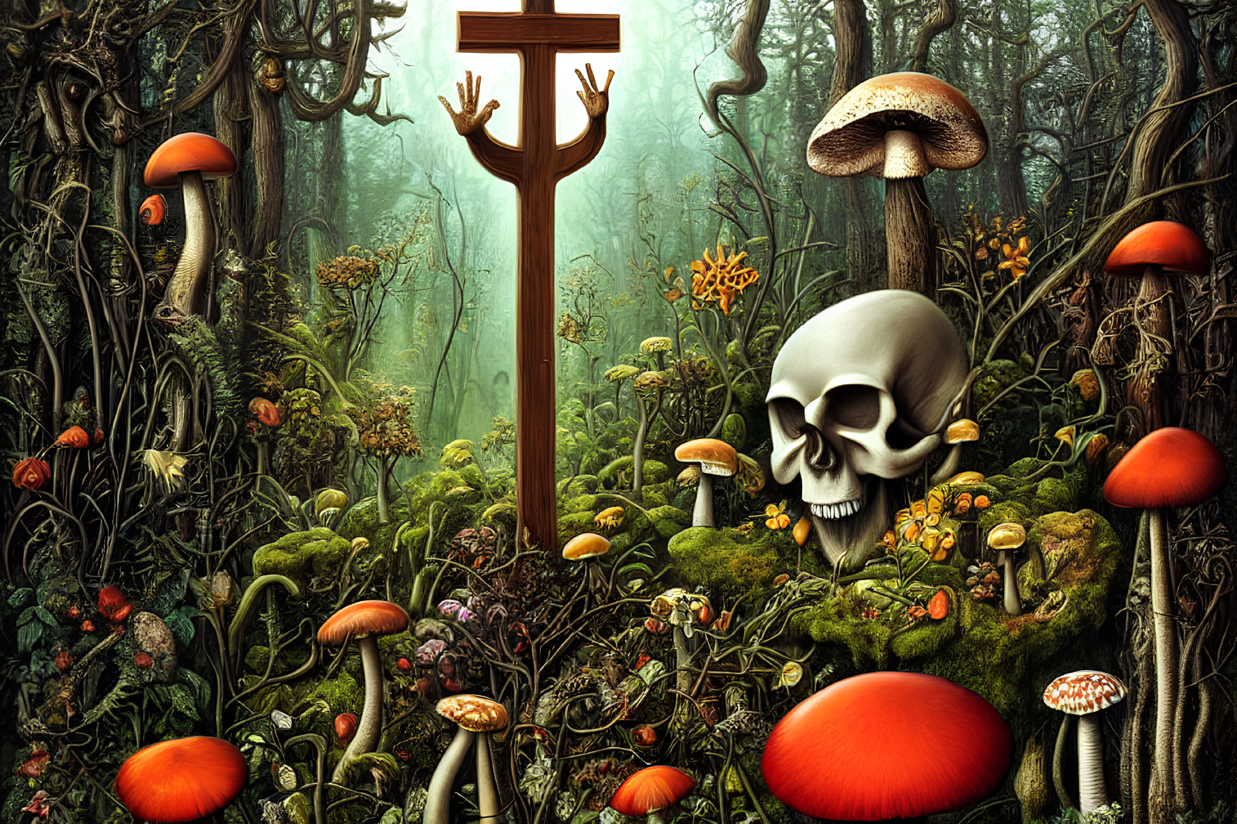 Surreal forest scene with colorful mushrooms and large skull