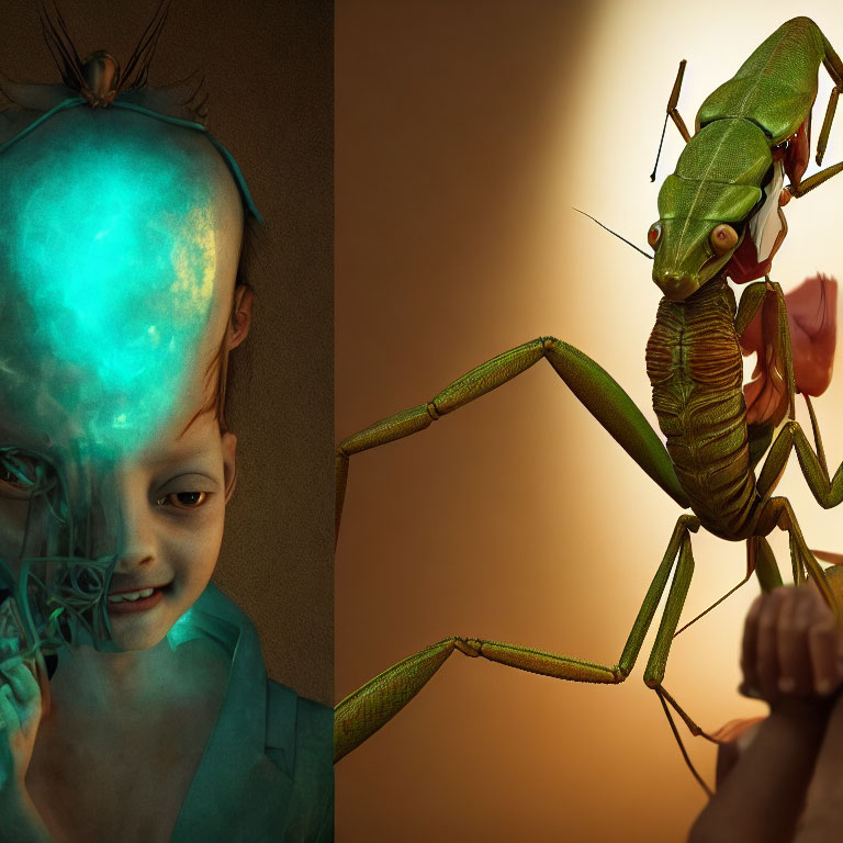 Composite Image: Glowing Child's Head & Giant Praying Mantis on Dark Background