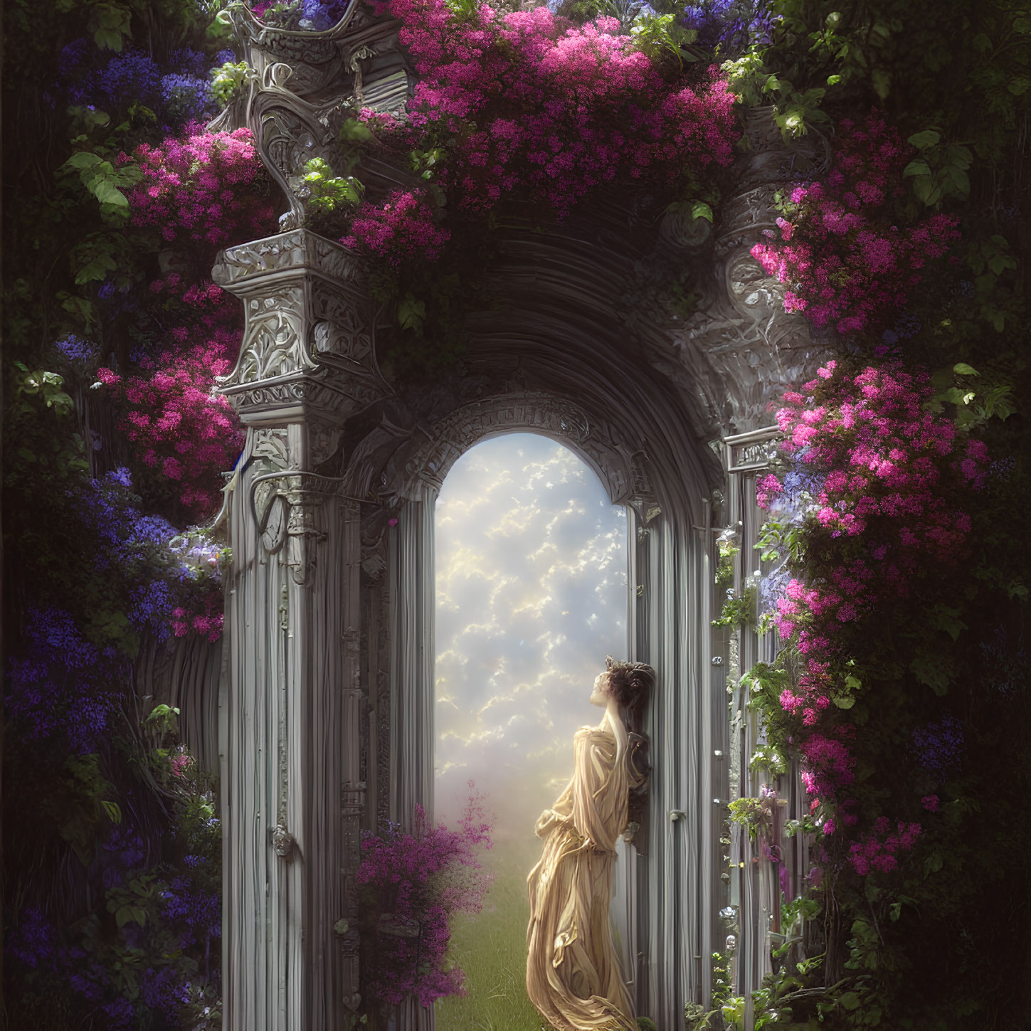 Person in flowing dress by ornate open door amidst lush flowers