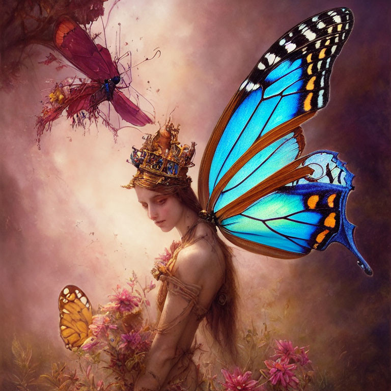 Mystical fairy creature with butterfly wings and crowned insect in dreamy landscape