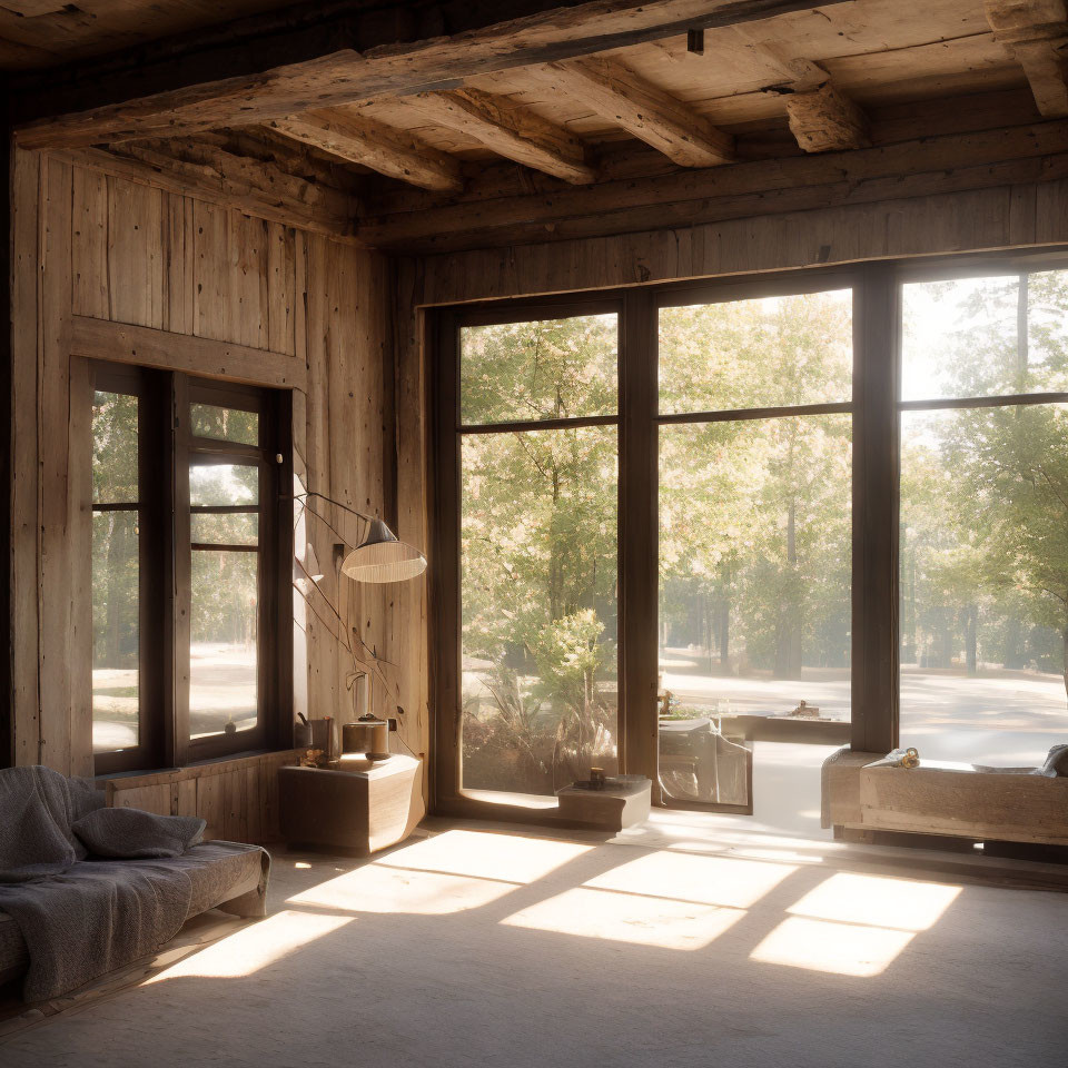 Sunlit Rustic Room with Large Windows and Wooden Furniture