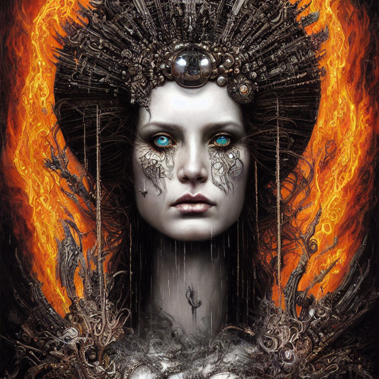 Digital artwork of female figure with blue eyes and flames against dark background