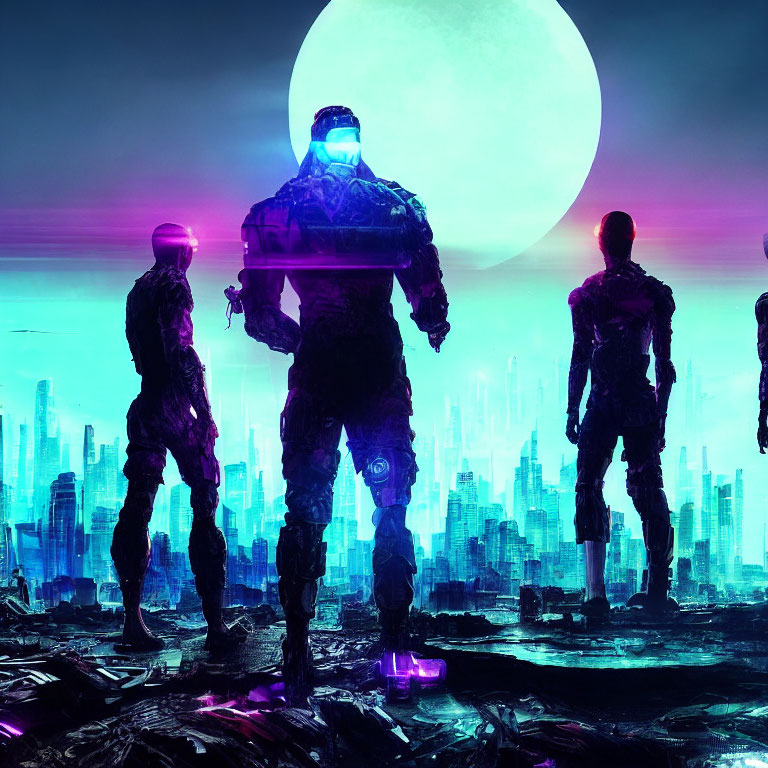 Futuristic armor silhouettes against city skyline under purple moon