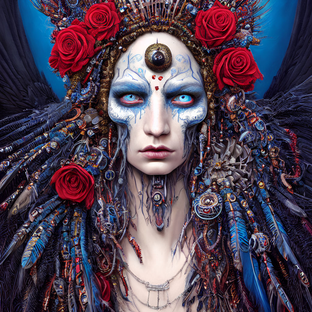 Elaborate Mechanical Headdress with Dark Wings and Red Roses