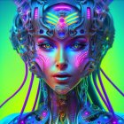 Vibrant futuristic portrait of woman with elaborate headgear and cybernetic elements