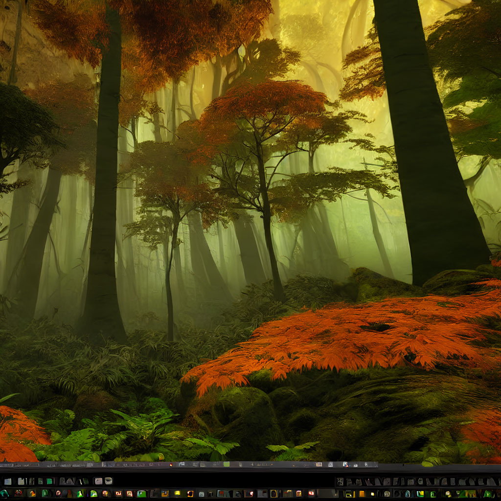 Lush forest with mist, tall trees, green foliage, and red leaves
