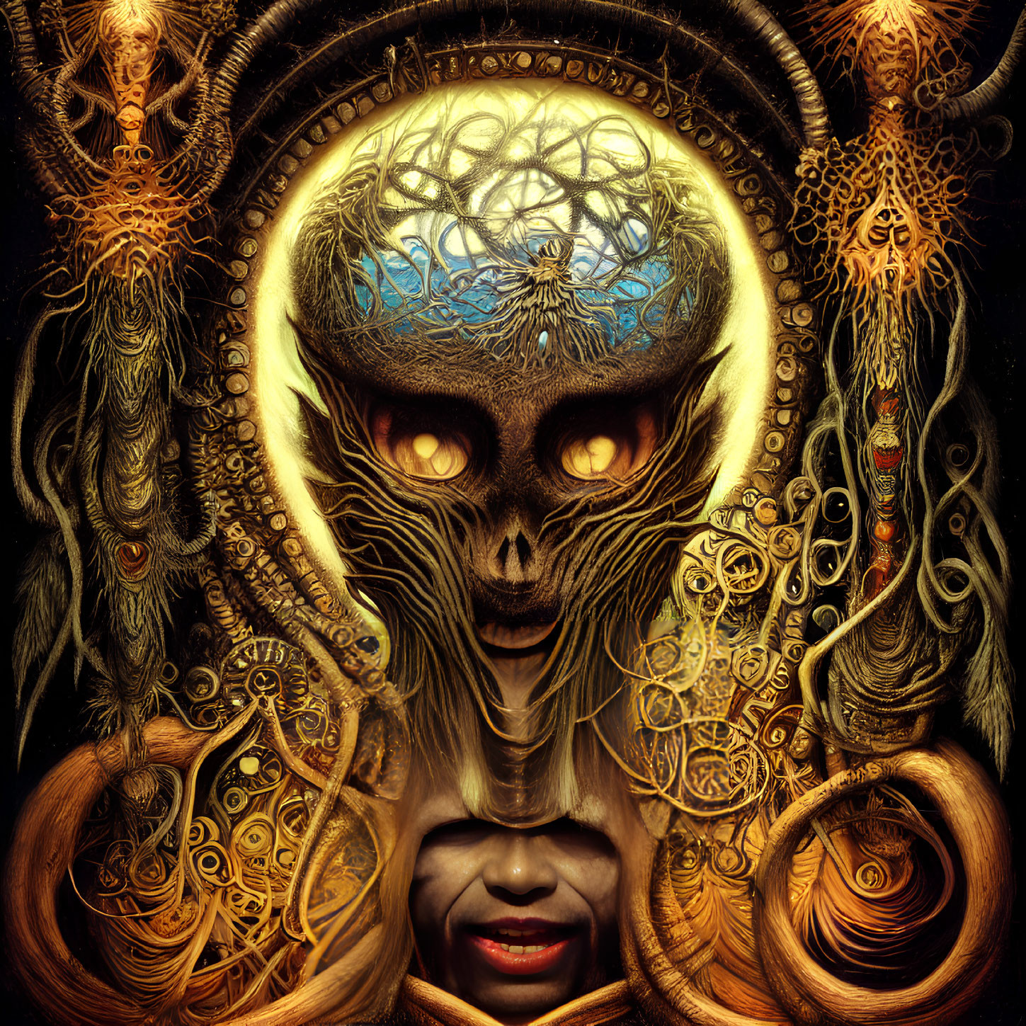Intricate fantasy art: Otherworldly face with dark eyes, golden patterns, and glowing tree