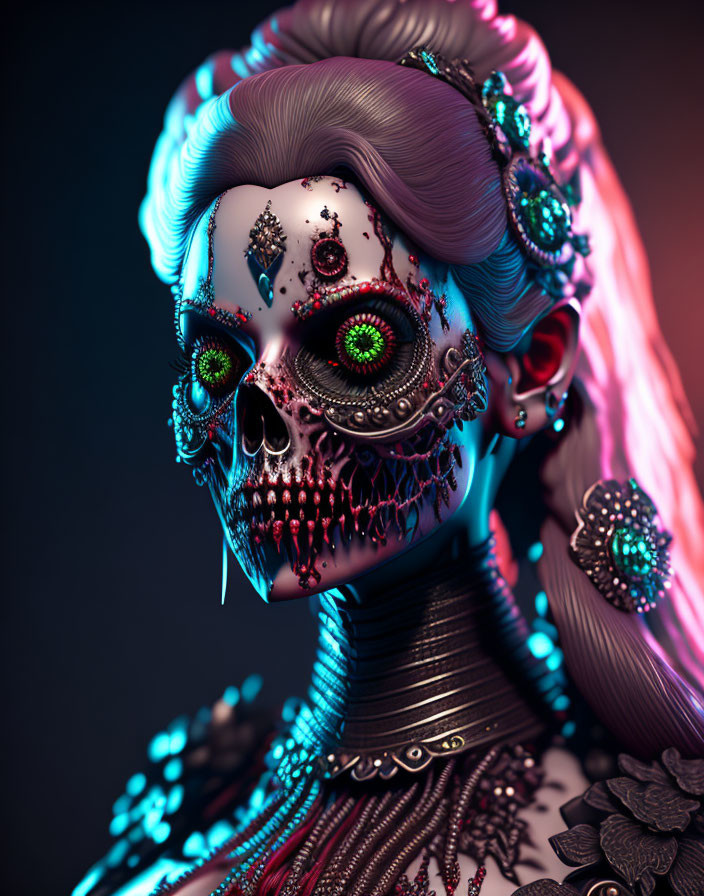 Colorful Sugar Skull Makeup on Female Figure with Vibrant Hair