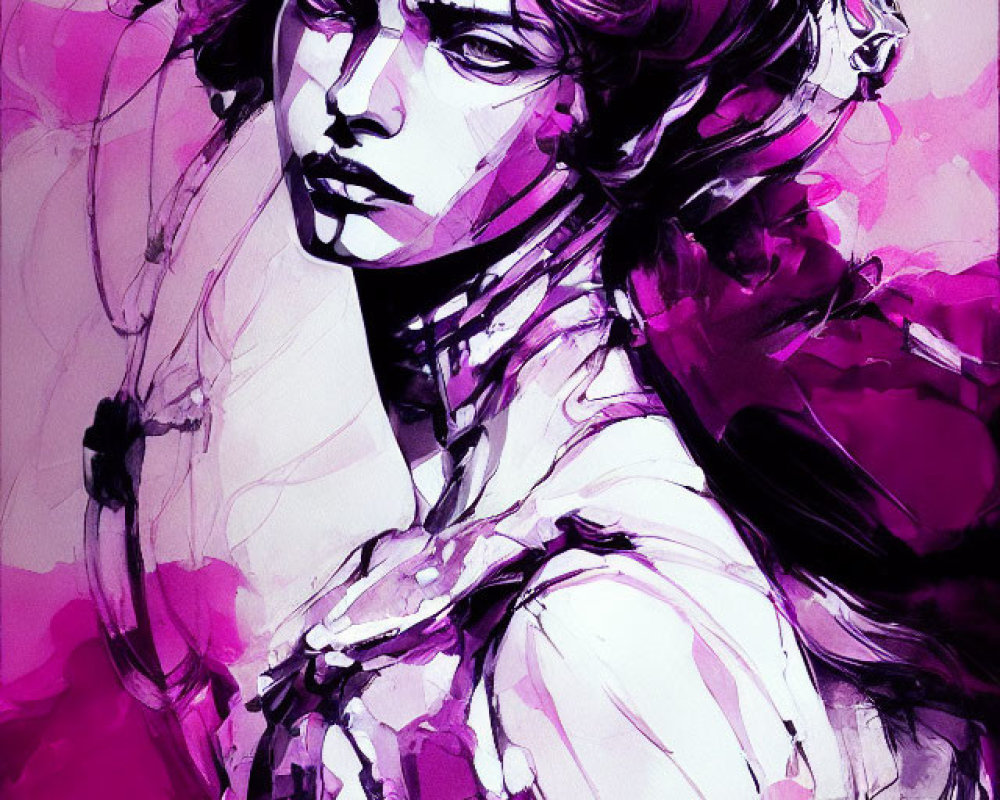 Colorful character art with purple and pink hues and futuristic style.