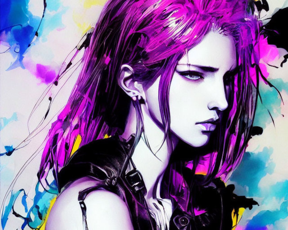 Vibrant Purple Hair Figure in Abstract Ink Splashes