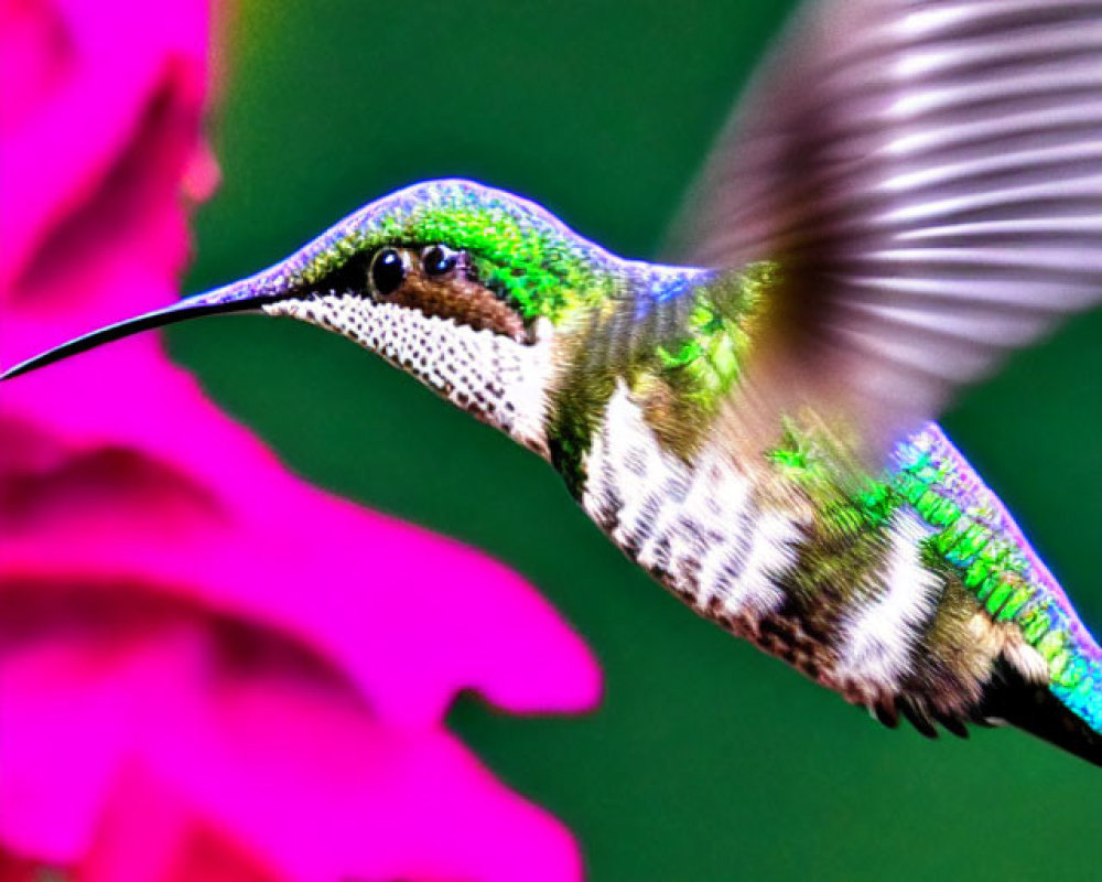 Iridescent green hummingbird in flight over pink flowers