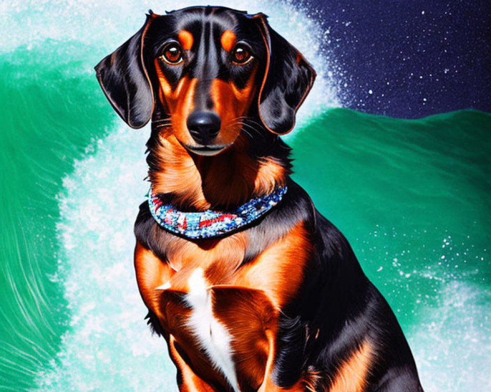 Colorful Collar Dachshund Surfing on Wave Under Starry Sky