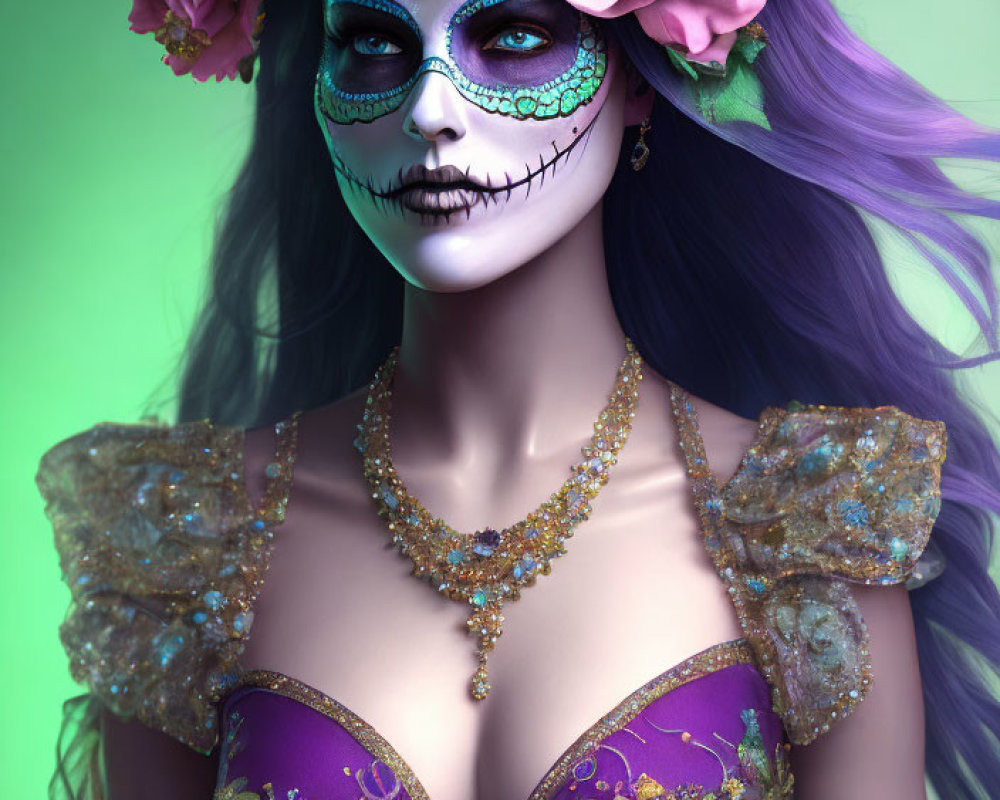 Woman with sugar skull makeup and rose crown in jewel dress on green background