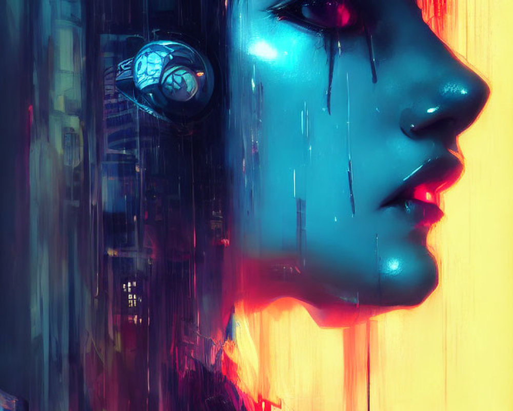 Cybernetic female face with neon lighting and black liquid streams