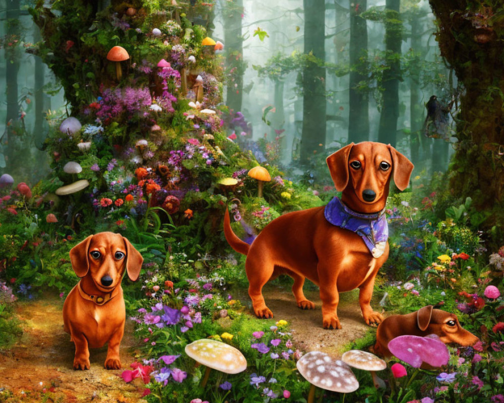 Two Dachshunds in vibrant mystical forest with colorful mushrooms and flowers
