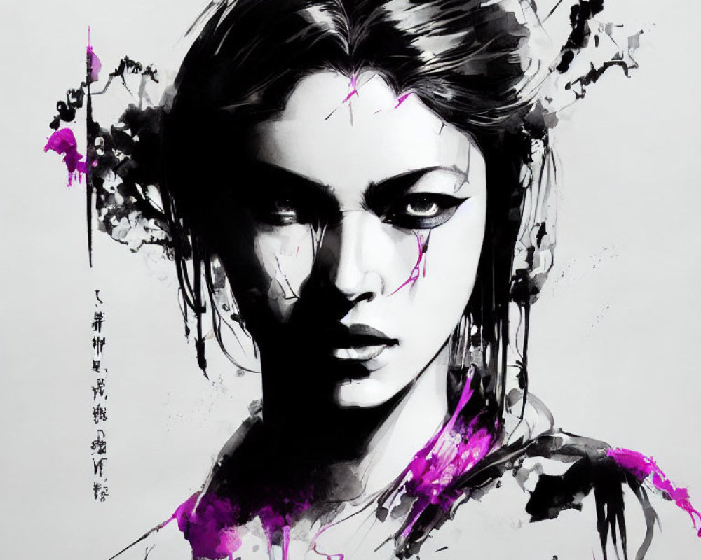 Monochromatic portrait of stylized woman with sharp features and purple ink splashes.