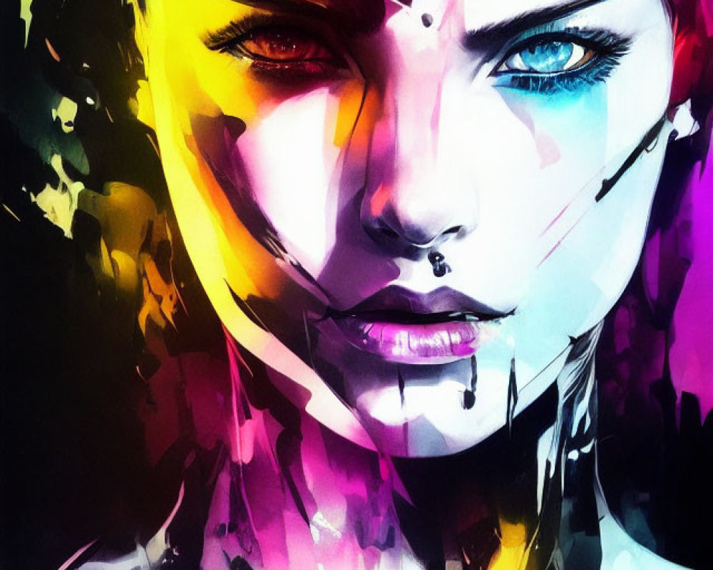 Vivid Abstract Portrait of Woman in Pink, Yellow, and Blue Hues