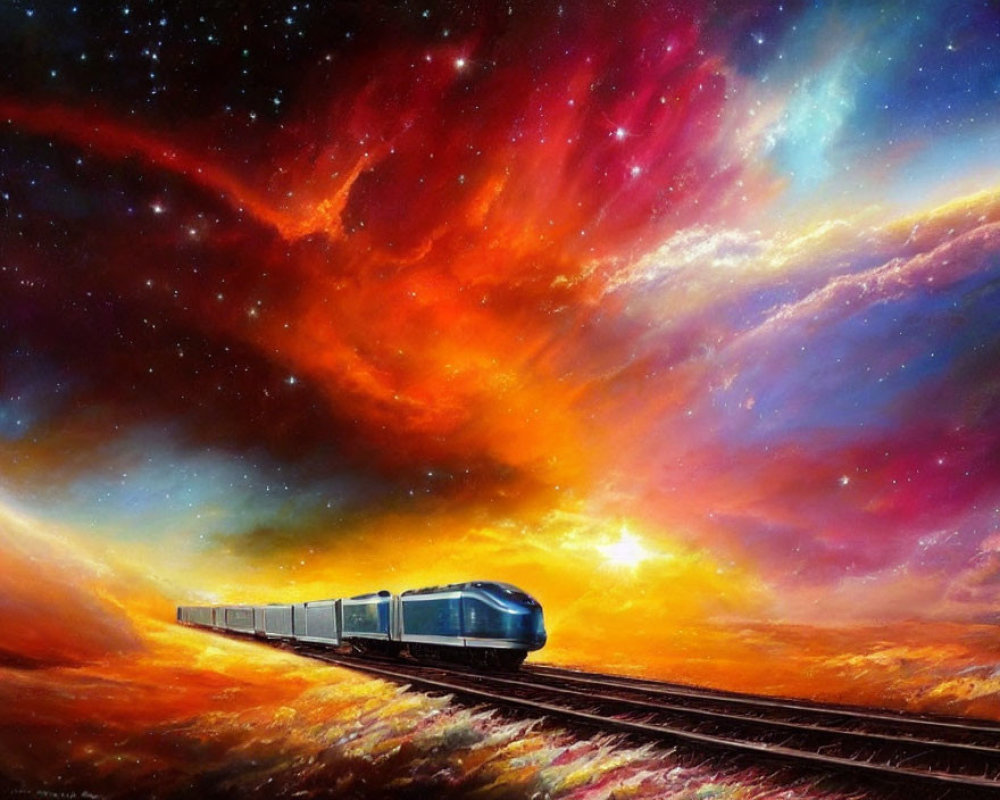 Colorful painting of blue train in cosmic landscape with nebulae