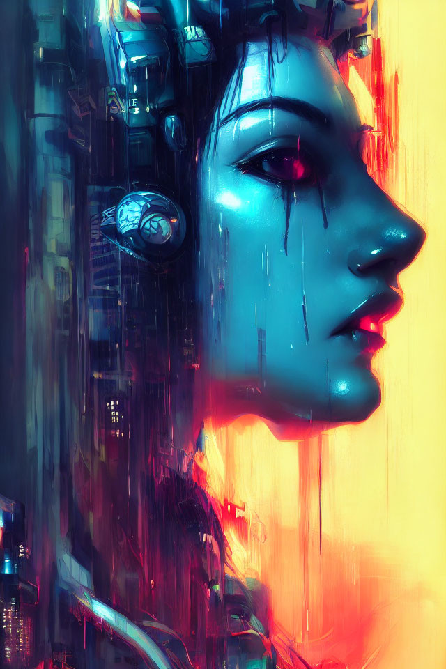 Cybernetic female face with neon lighting and black liquid streams