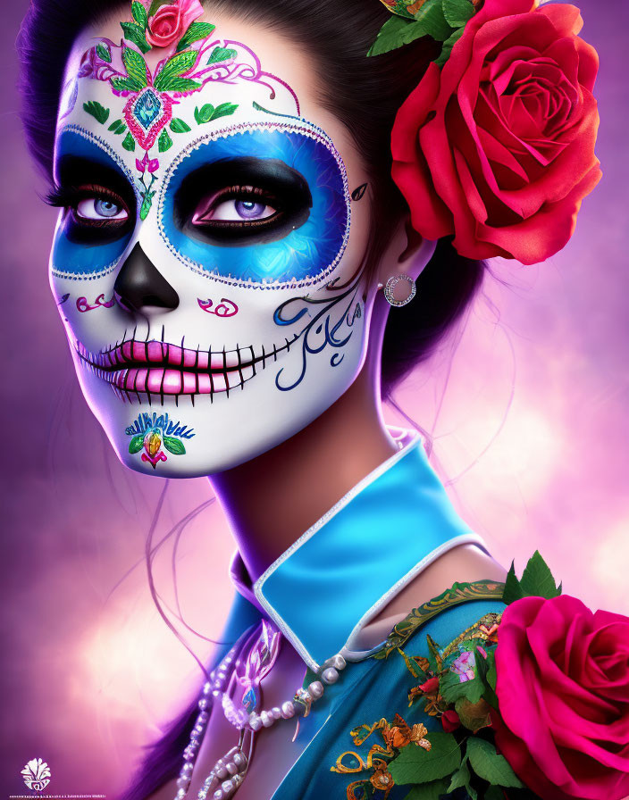 Woman with Day of the Dead sugar skull makeup and red rose in hair, blue outfit with floral embroidery