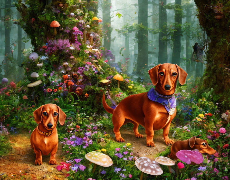Two Dachshunds in vibrant mystical forest with colorful mushrooms and flowers