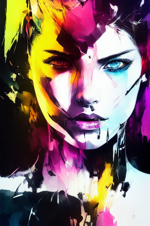 Vivid Abstract Portrait of Woman in Pink, Yellow, and Blue Hues