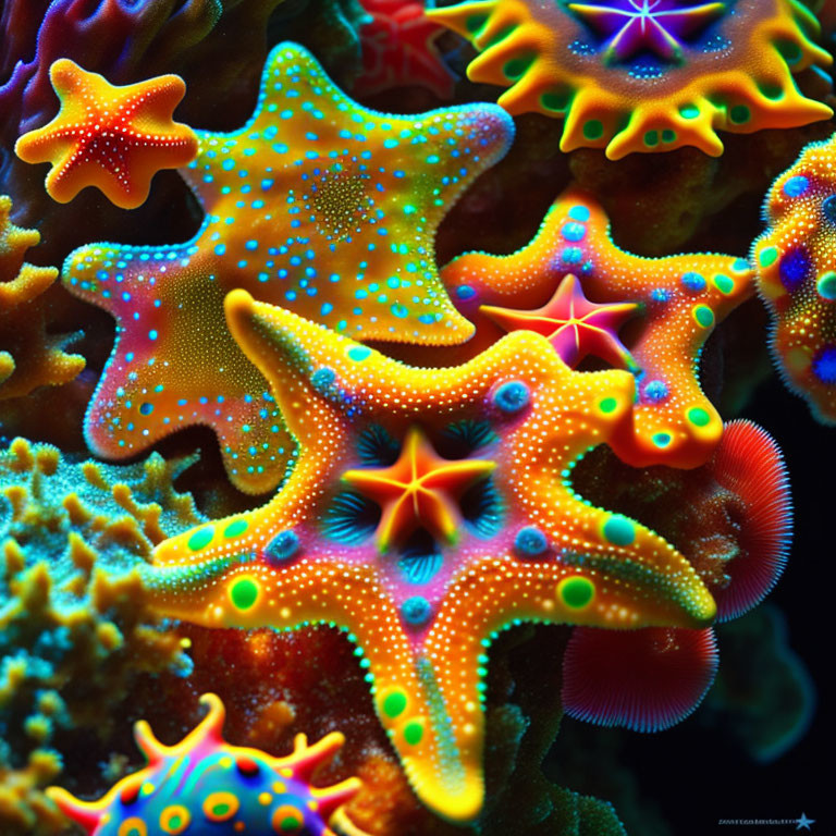 Colorful Starfish with Dotted Patterns on Coral Reef in Neon Hues