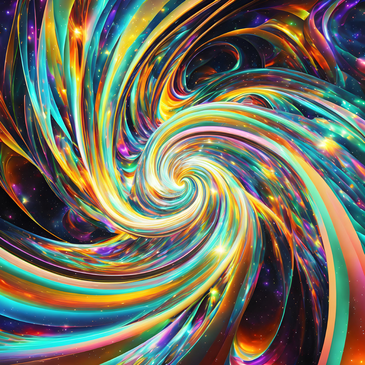 Colorful digital art: Swirling colors blend with cosmic elements